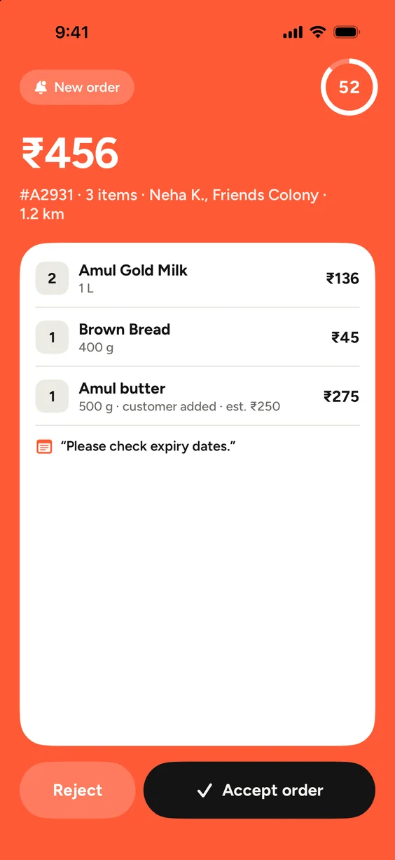 The partner app: a new ₹456 order ringing, with its items, a note from the customer and a countdown to accept it.