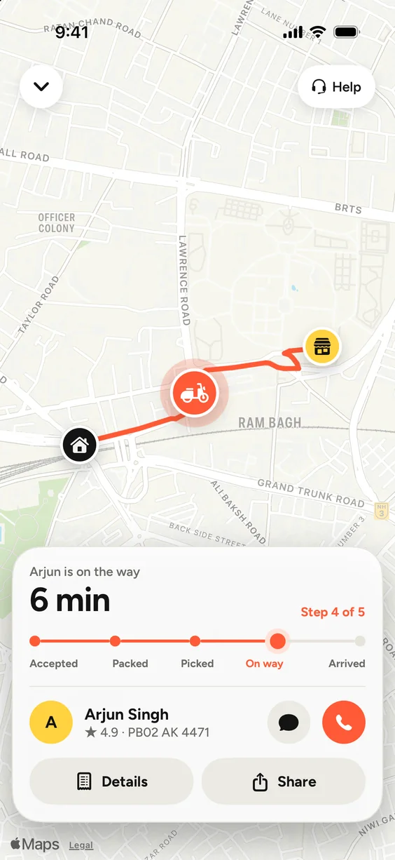 Live tracking: Arjun, the agent, is on the way and 6 minutes from your door.